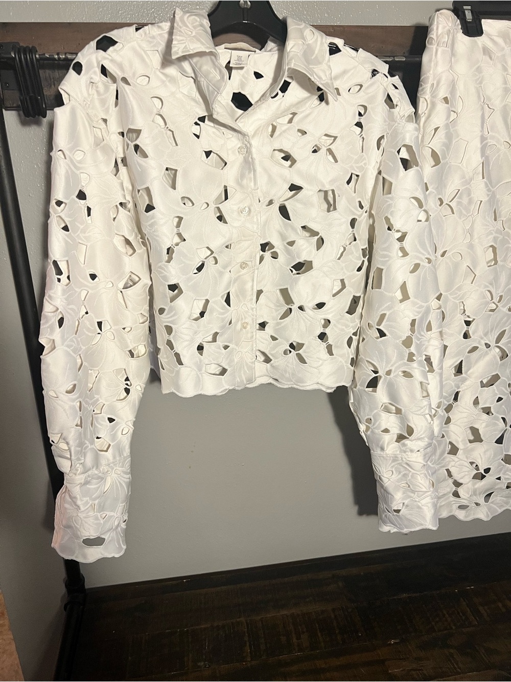 Women's White BRODERIE ANGLAISE SATIN SHIRT and Skirt - Elegant Feminine Design - Picture 3 of 10